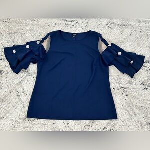 MSK Navy Blue and White Ruffled Cut Out Blouse with Rhinestones Women Size XL